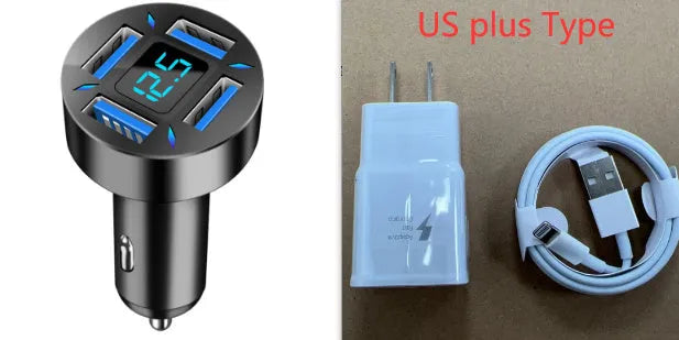 Four-port USB car charger with digital LED display for use in vehicles