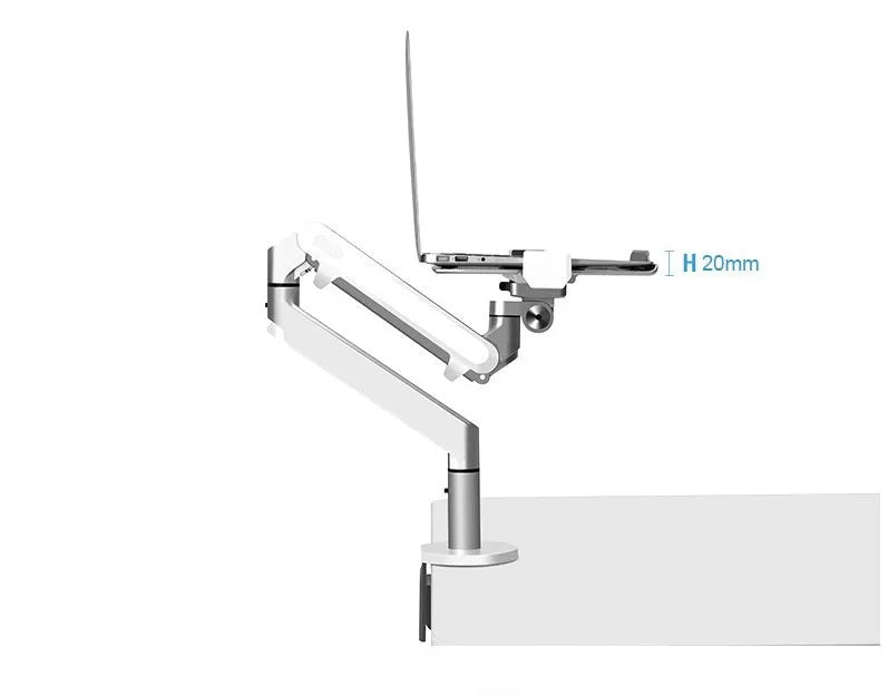 Silver aluminium laptop stand with an adjustable arm bracket on a wooden desk.