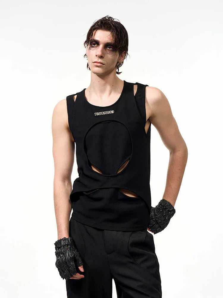 Men's black sleeveless waistcoat vest with white hollow thread stitching and a round neck, laid flat.
