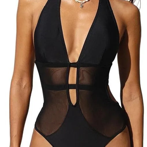 Black women's one-piece swimsuit with mesh panels and V-neck design