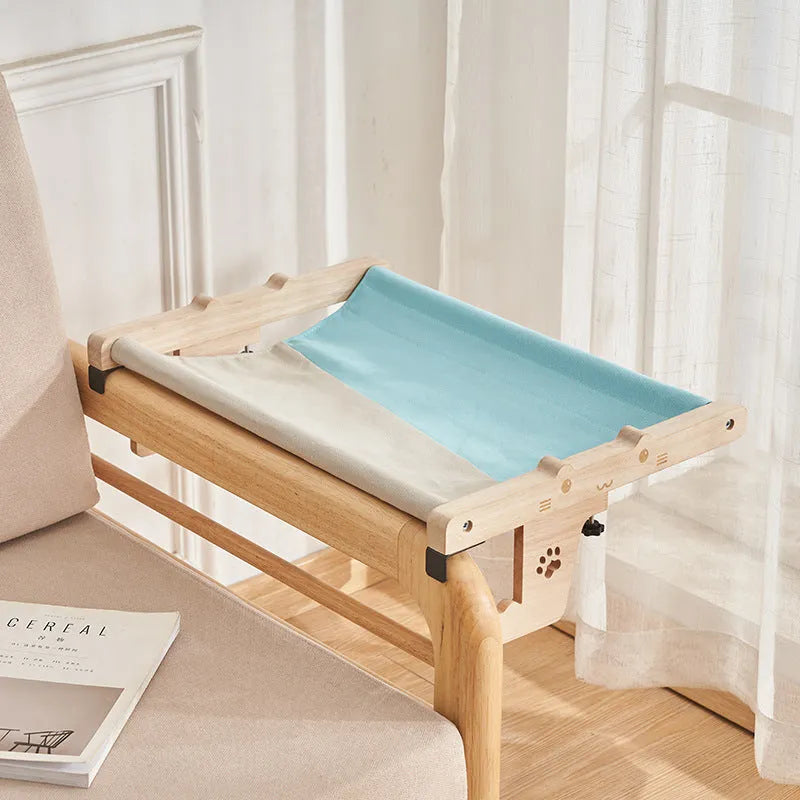 Wooden frame cat hanging hammock bed installed on a window, suitable for cats and small dogs.