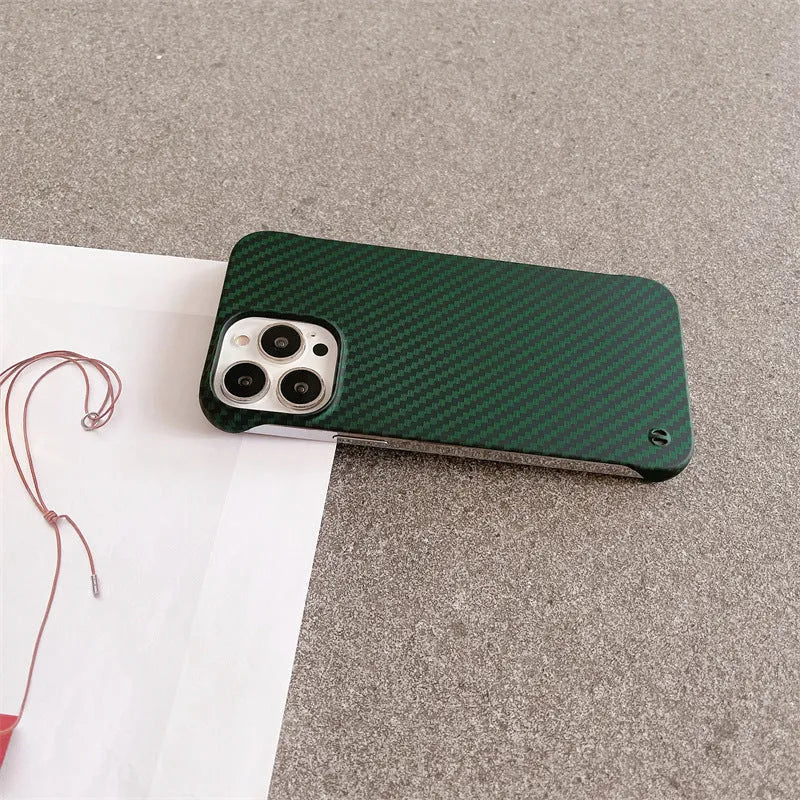 Frameless carbon fibre pattern hard shell phone case with bracket, plaid design, compatible with iPhone 12-16