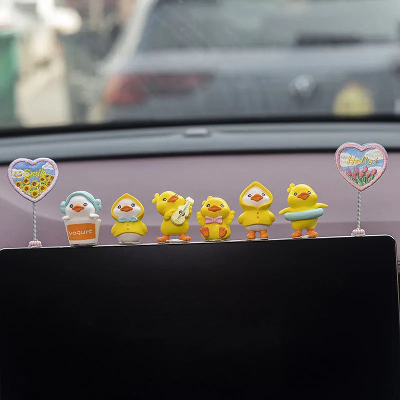 PVC cartoon duckling car dashboard decoration set with 6 small ducks and one sign