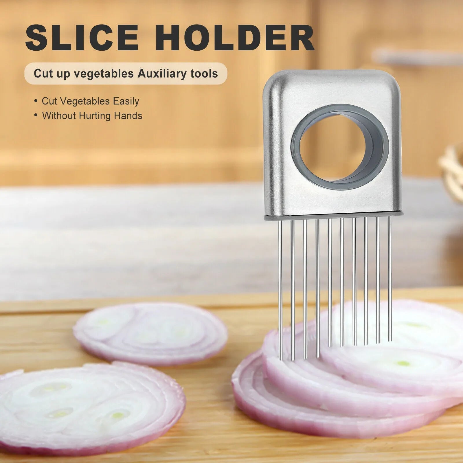 Stainless steel onion holder with sharp prongs and finger guard for vegetable slicing
