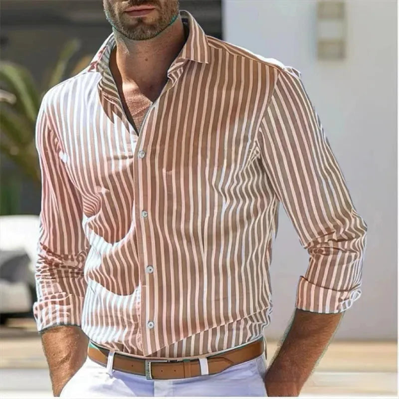 Men's slim fit striped long sleeve polyester shirt in youth fashion business commute style