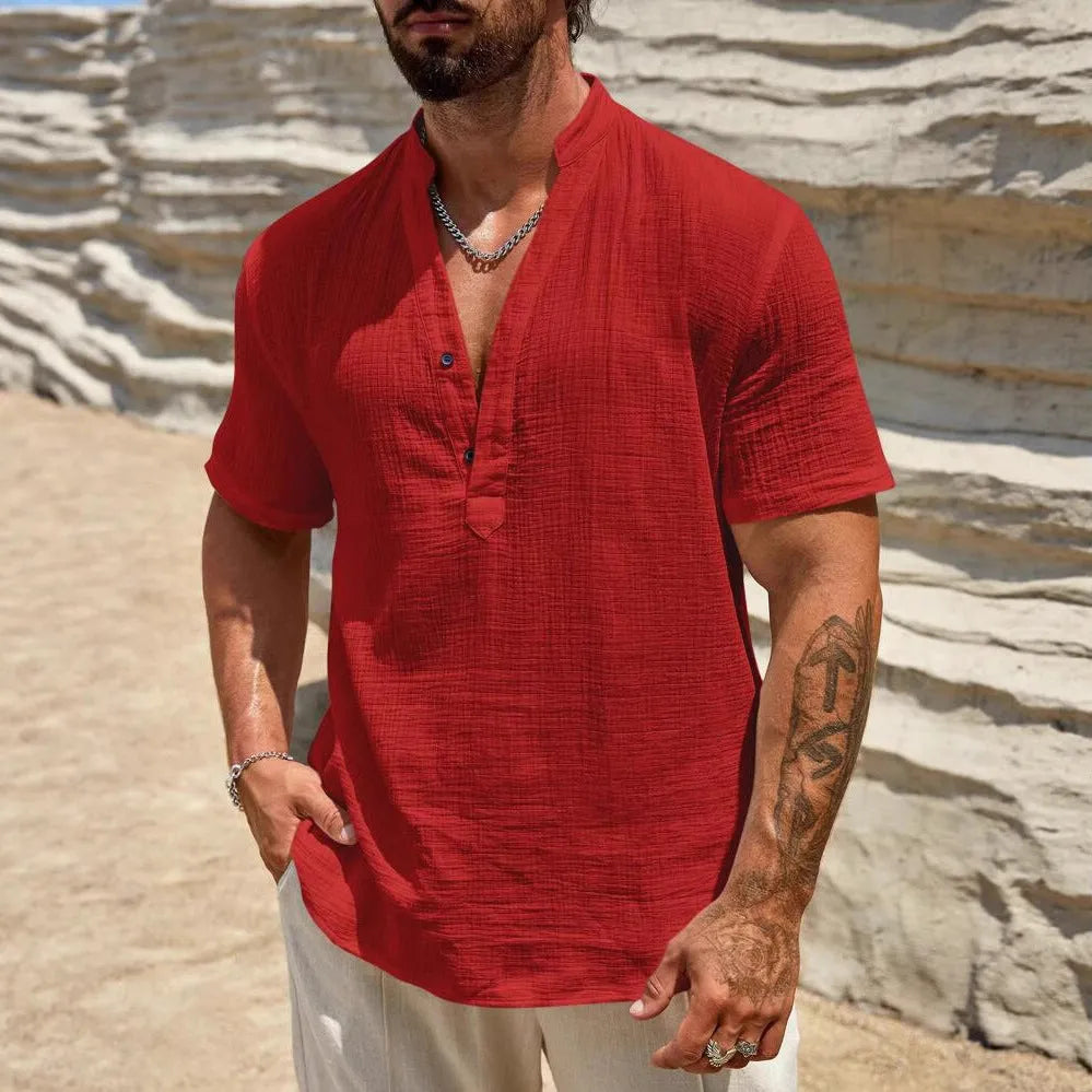 Men's solid colour short-sleeved casual shirt with a stand collar, shown in a light blue colour.