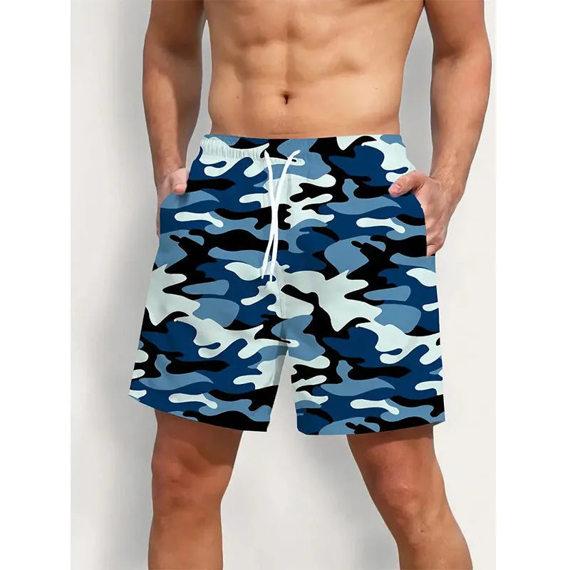Men's polyester beach shorts with elastic waistband and printed streetwear design in multiple colour options