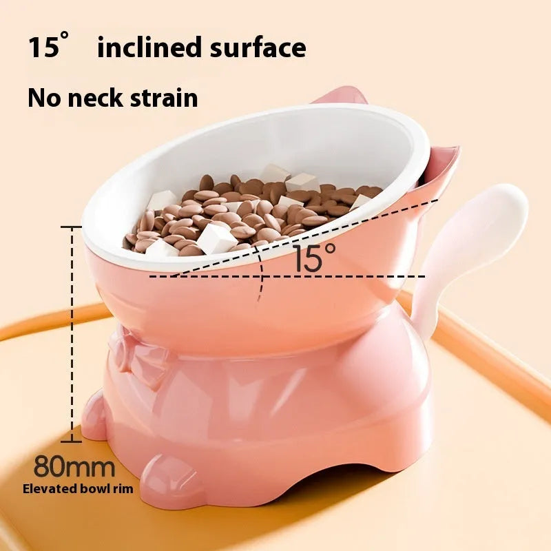 Stainless steel oblique angle cat bowl with coloured base, shown in black, blue, pink, and yellow options.