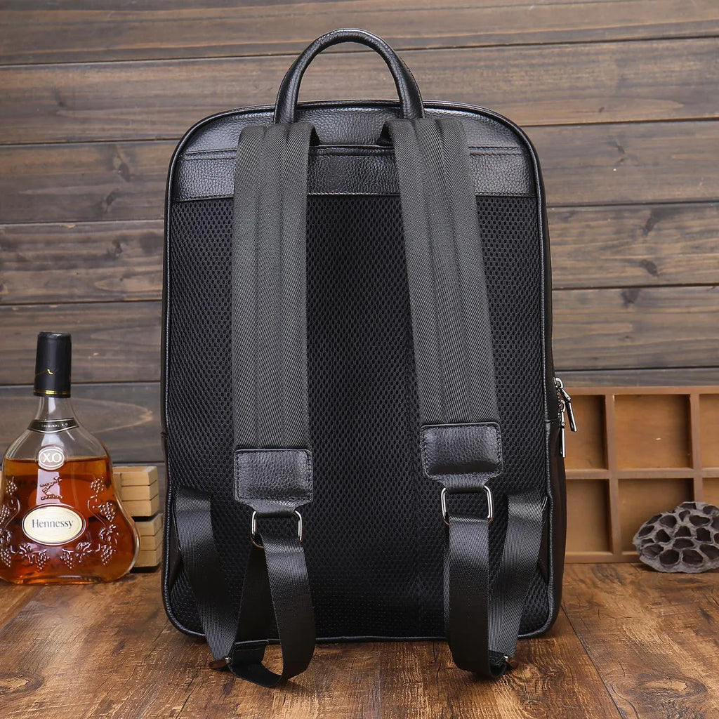 Genuine leather men's business commute bag black with contrast colour trim and airpillow straps