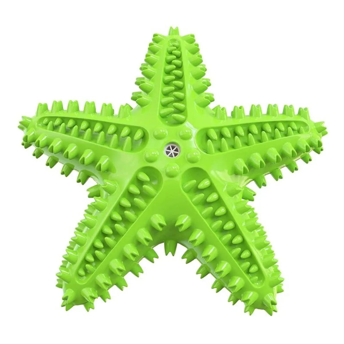 Edible TPR starfish dog toy with squeaker for tooth cleaning in blue, green and yellow colours
