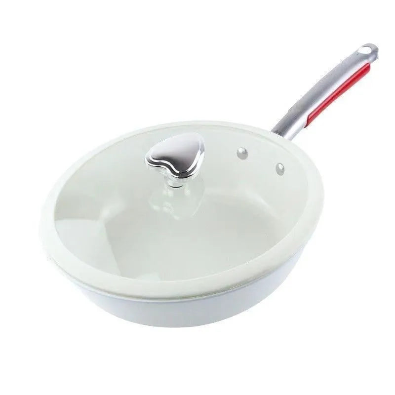 28cm pebble ceramic non-stick stir fry pan with stainless steel glass lid on hob