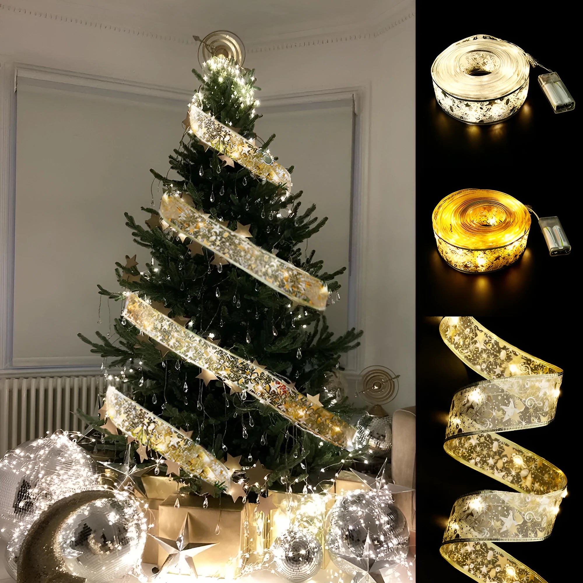 Christmas fairy light string with cloth ribbon bow tie decoration in gold or silver colours.