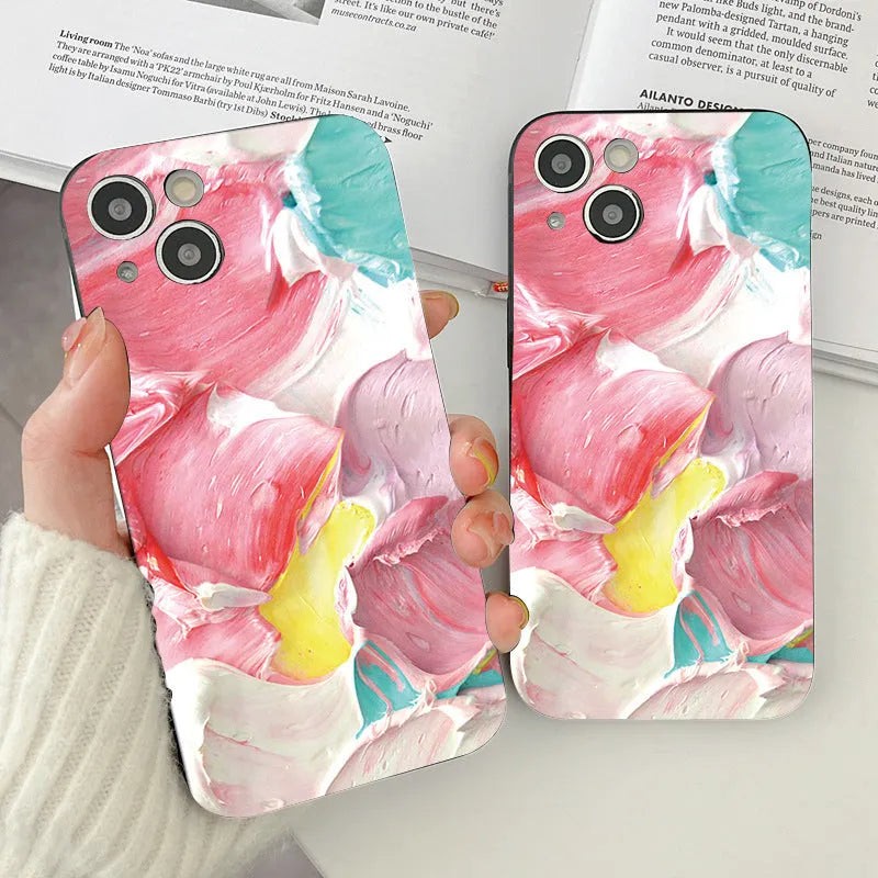 Oil painting flowers embossed PC phone case for iPhone with shockproof protection
