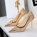 Women's pointed low-cut stiletto high heels in solid colour with super high heel over 8cm, rubber sole, and PU lining