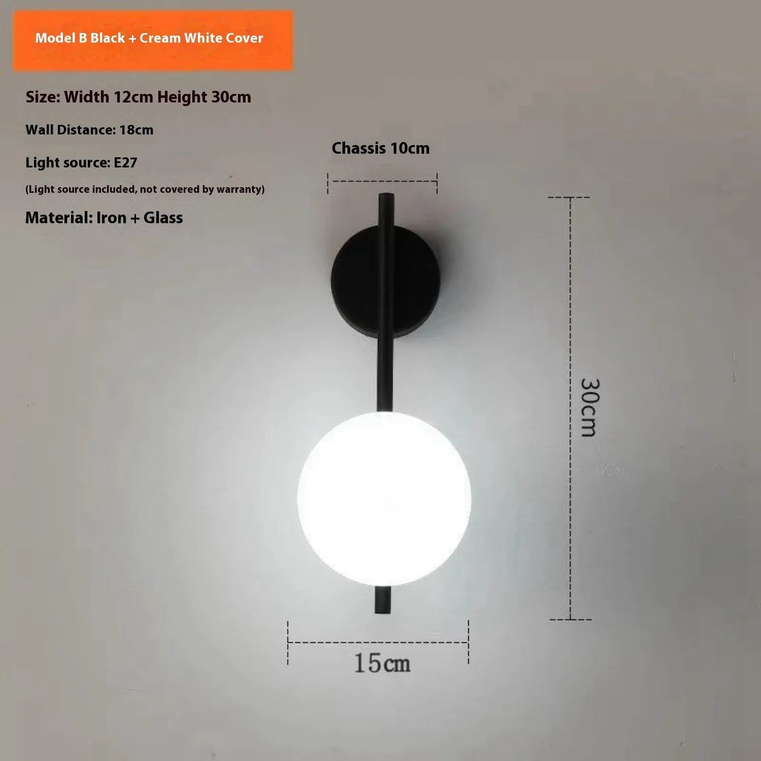 Nordic wall lamp wrought iron glass black finish milky white diffuser E27 socket 12 cm width 30 cm height wall spacing 18 cm