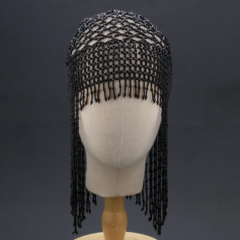 Handmade beaded belly dance hat hair ornament with decorative mesh and tassel in silver or black