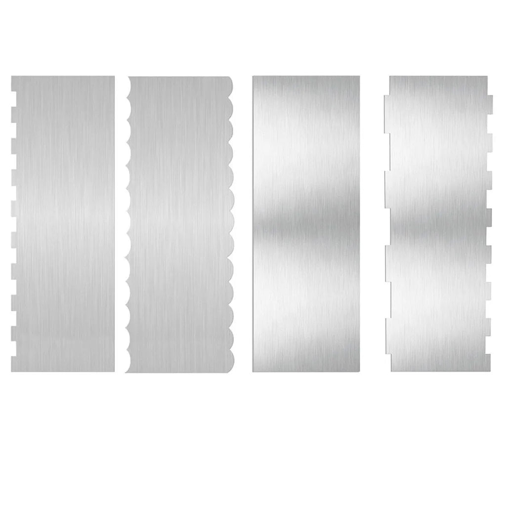 Stainless steel cake decorating scraper with a patterned polygon edge on a kitchen worktop.