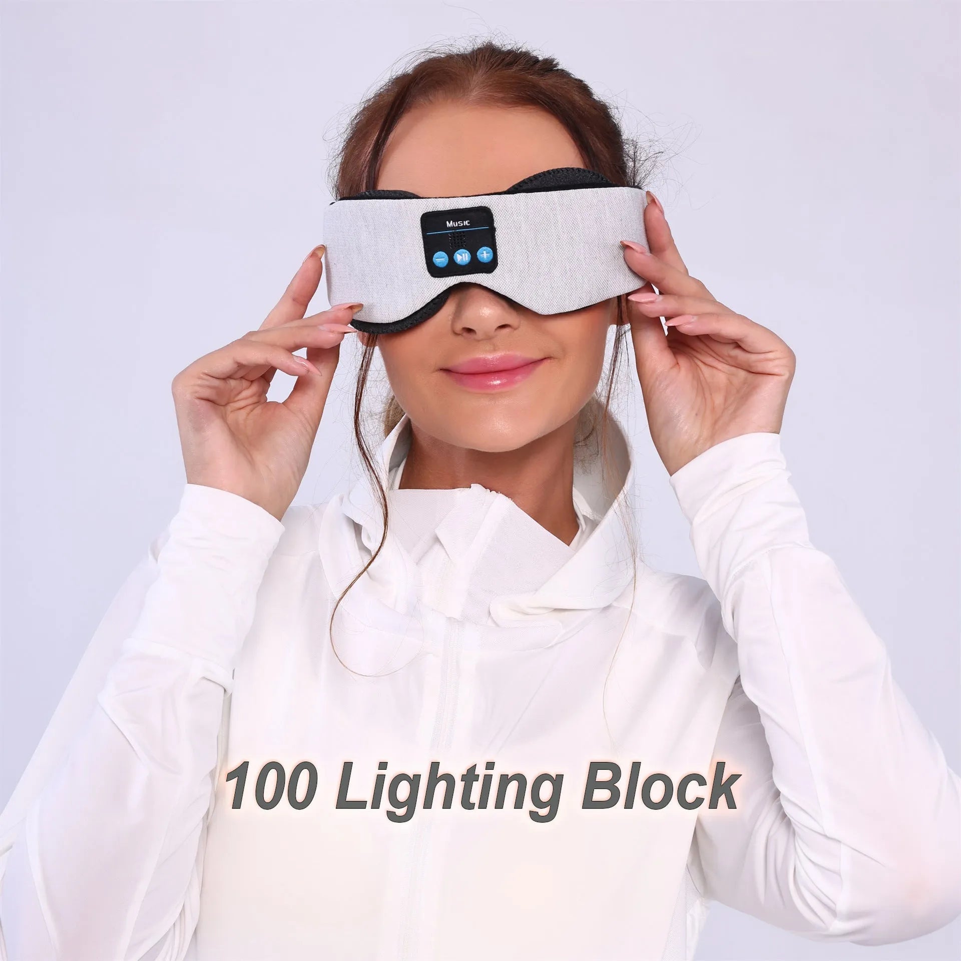 Grey outline Bluetooth sleeping eye mask with long eyelashes design on a polyester fabric.