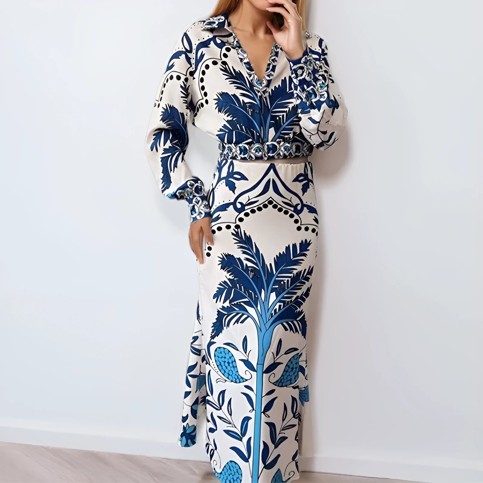 Women's long sleeve polyester casual set with pants in picture colour, shown on a model.