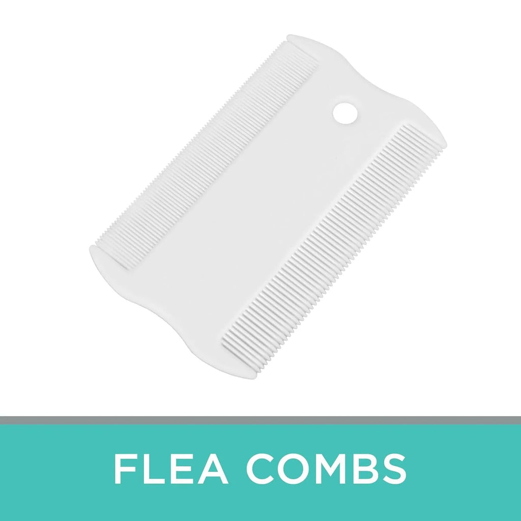 Double-sided plastic flea comb for pets showing dense teeth and 0.85cm width