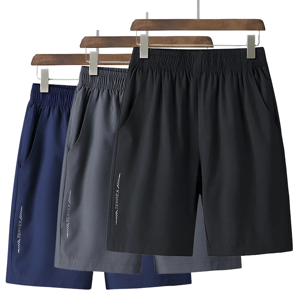 Men's grey cotton quick-drying five-point sports shorts with elastic waistband, front view