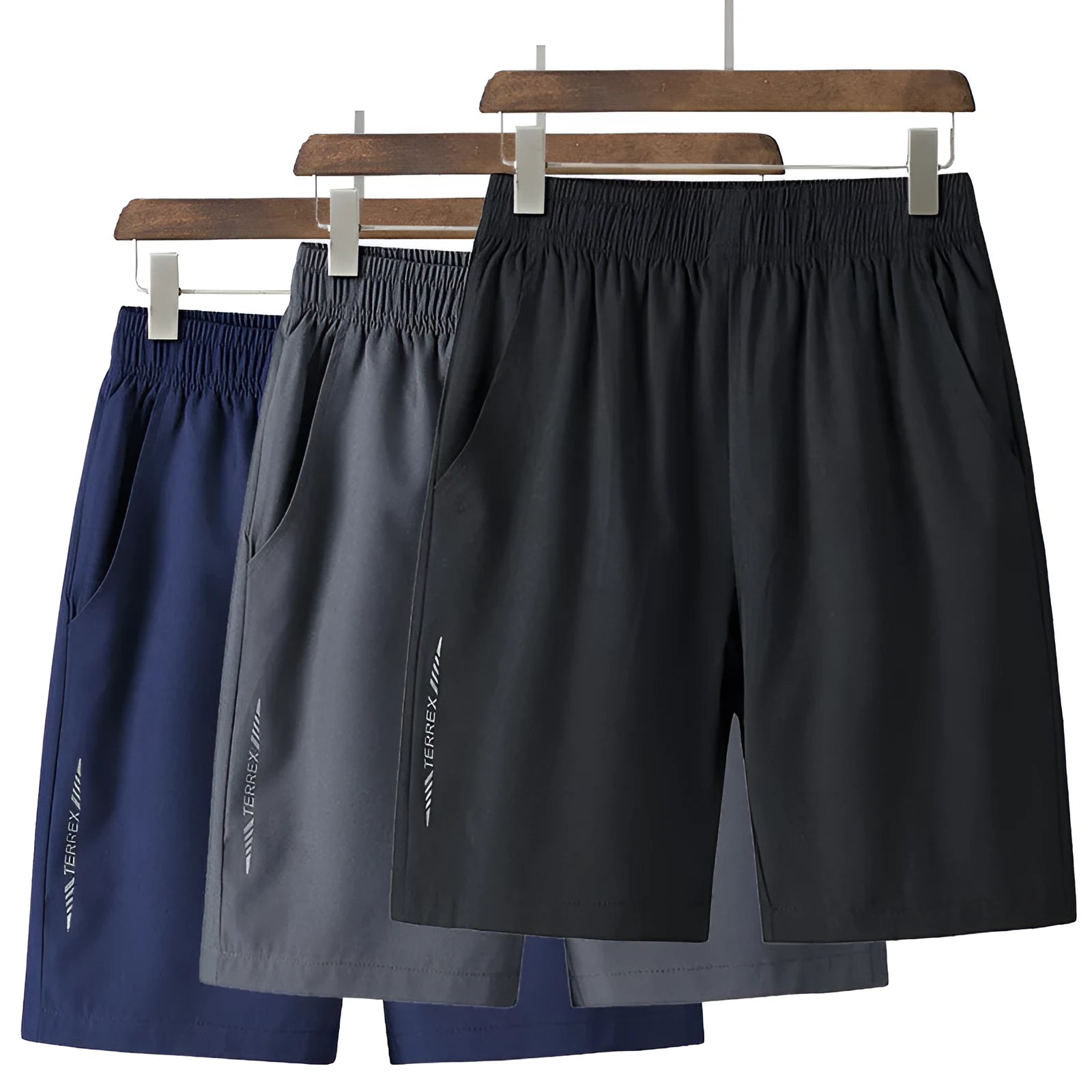Men's grey cotton quick-drying five-point sports shorts with elastic waistband, front view