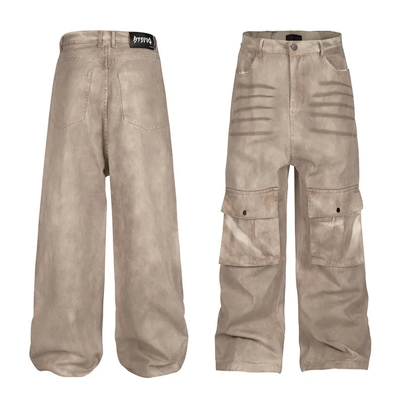 Women's marble dark A-line denim trousers with straight leg and mid-waist design