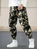 Men's camouflage drawstring work trousers with side pockets in casual regular fit polyester blend