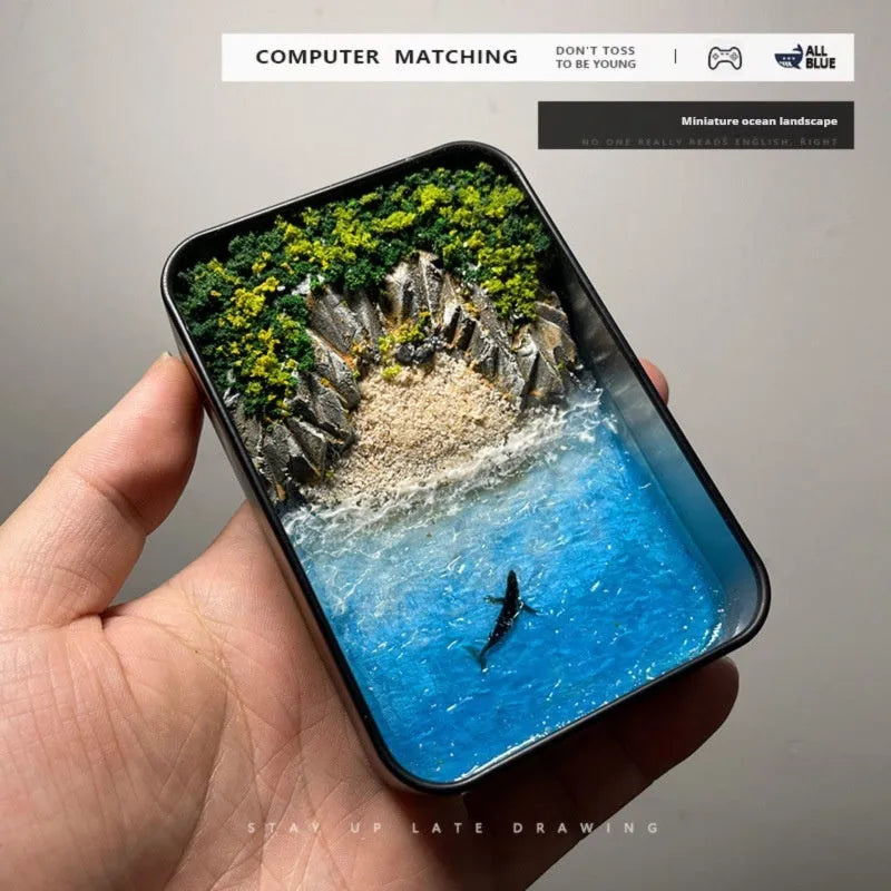 DIY bamboo marine landscape model ornament kit showing materials and example finished design.