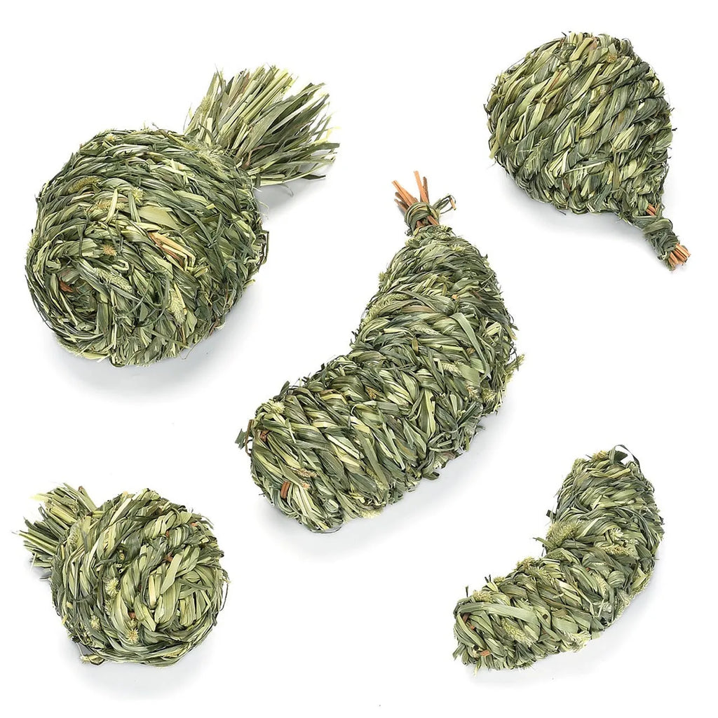 Natural timothy grass pet toy shaped like an eggplant, on a light background
