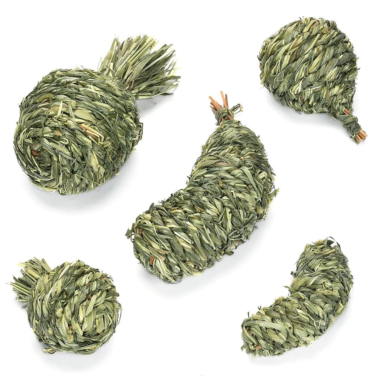 Natural timothy grass pet toy shaped like an eggplant, on a light background