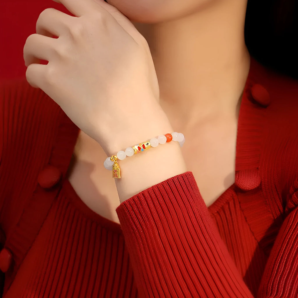 S925 sterling silver bracelet with natural Hetian jade beads and koi cold enamel design