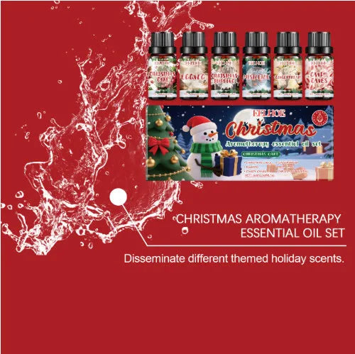 Six-bottle Christmas aromatherapy oil set with warm scent for home diffusers.