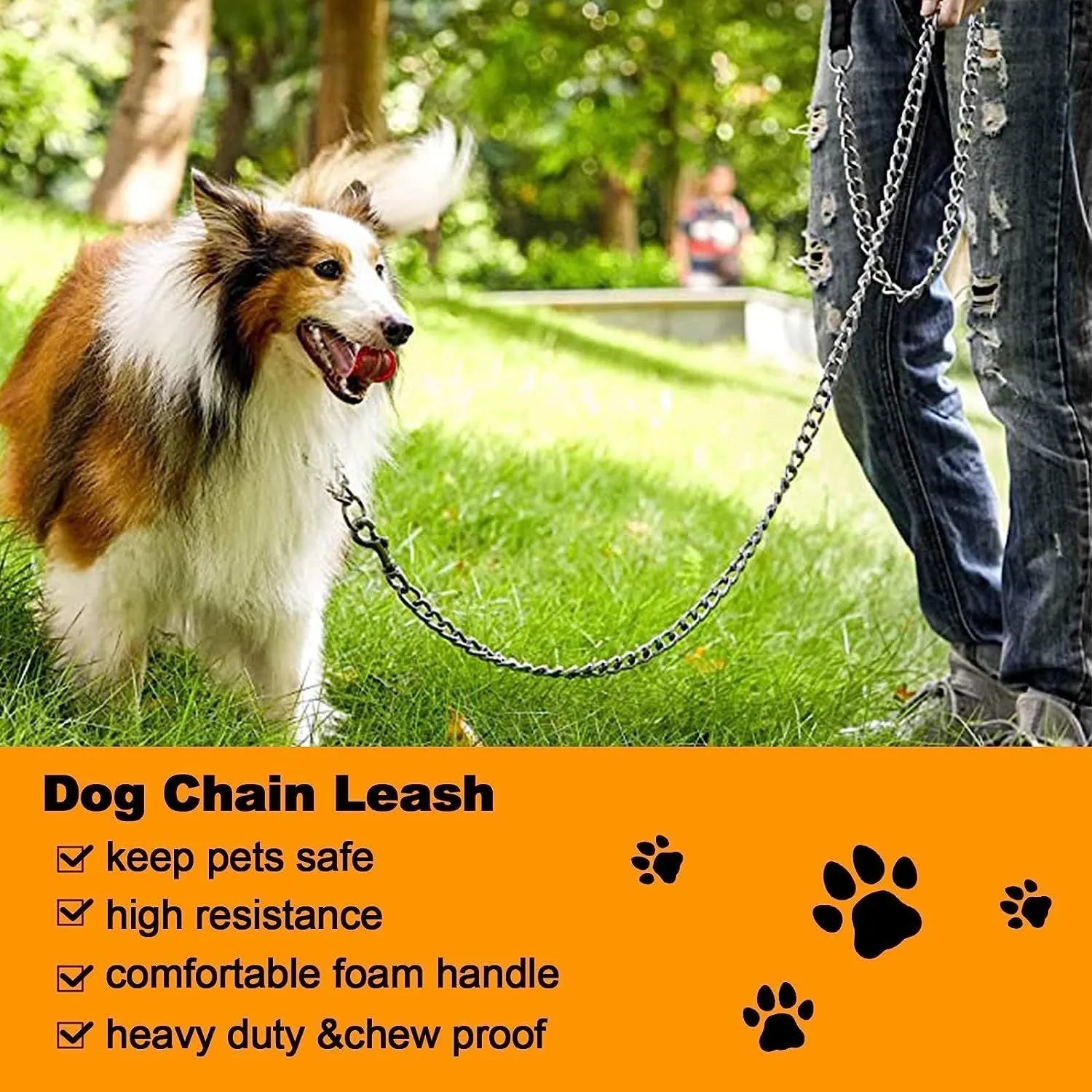 Heavy duty metal dog leash with chew-proof chain and soft blue padded handle.