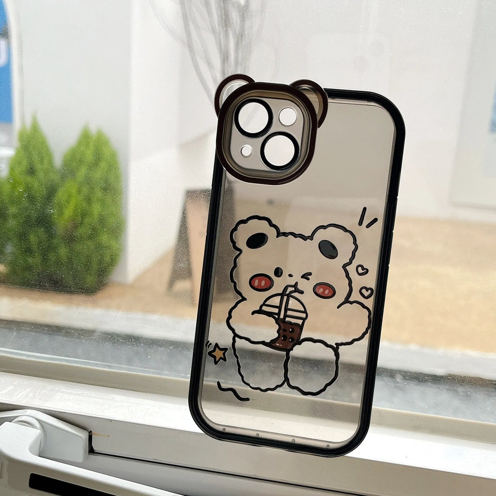 Bear photo frame TPU phone case for iPhone with Drinking Milk Tea bear graphic on a soft back cover
