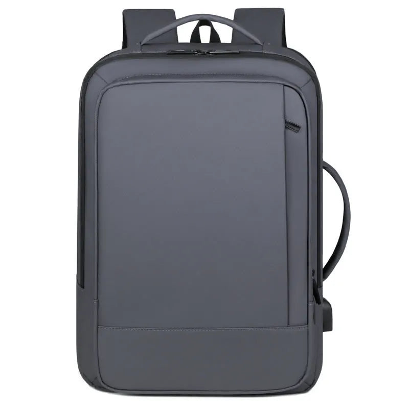 Men's black waterproof backpack with curved shoulder straps and 20-35L capacity for business travel