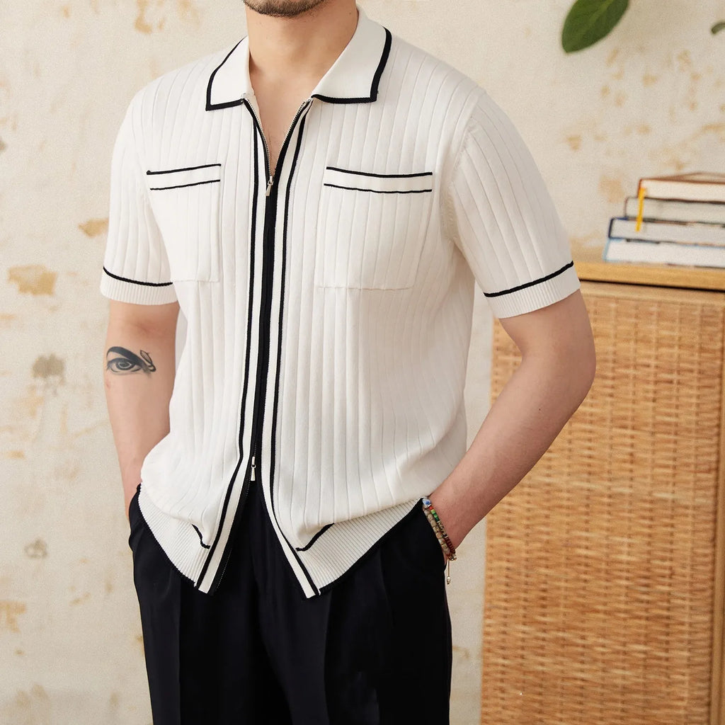 Slim black elastic lapel polo shirt with short sleeves on a mannequin.