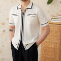 Slim black elastic lapel polo shirt with short sleeves on a mannequin.