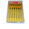 Six colour-coded aluminium-handle screwdrivers for watch repair arranged in set