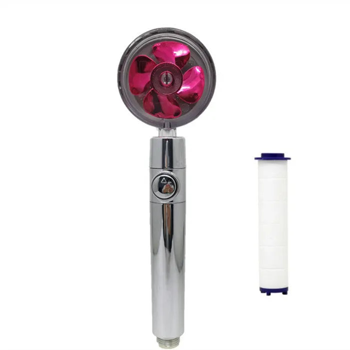 Blue handheld shower head with stop button and turbo nozzle on a chrome bracket.