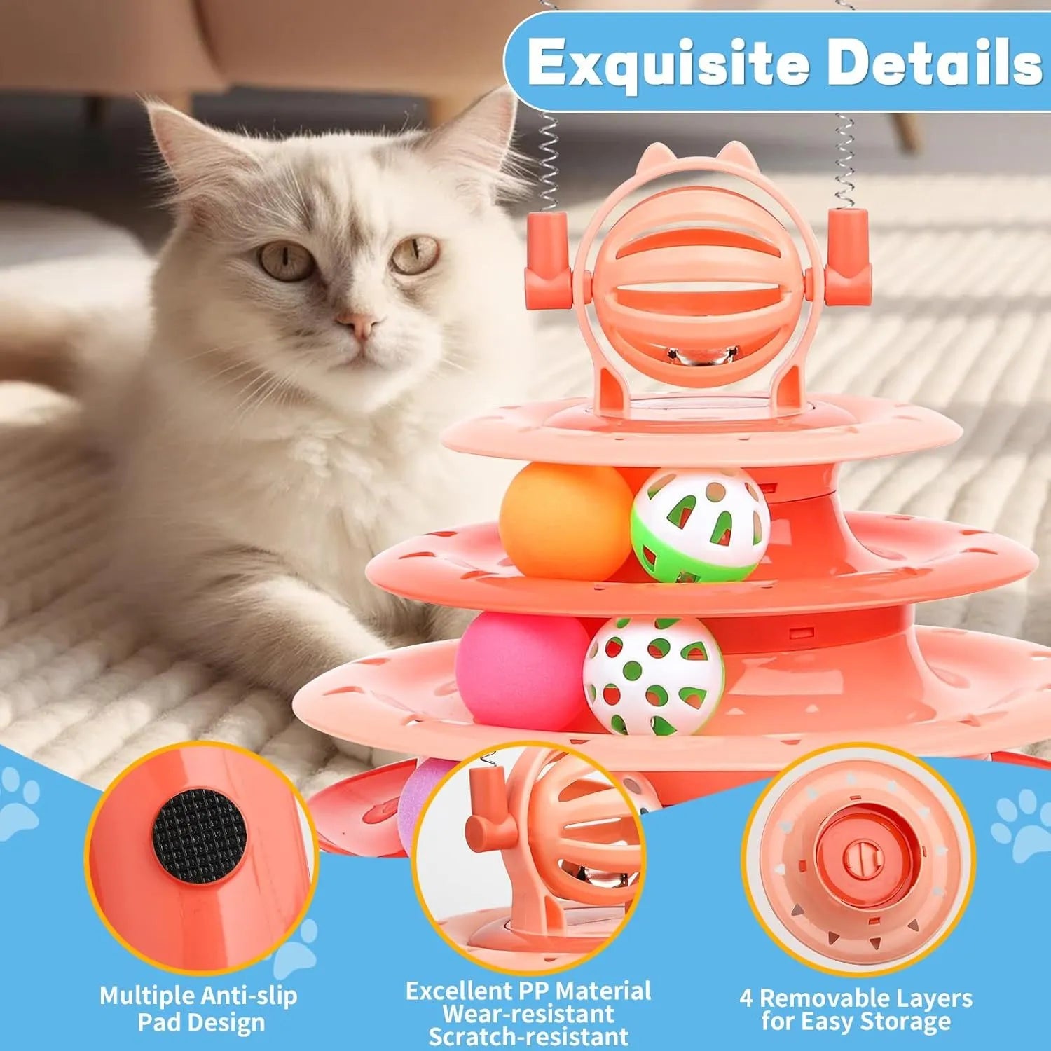 Blue four-tier interactive cat carousel toy with balls and teasing rods on a non-slip base.