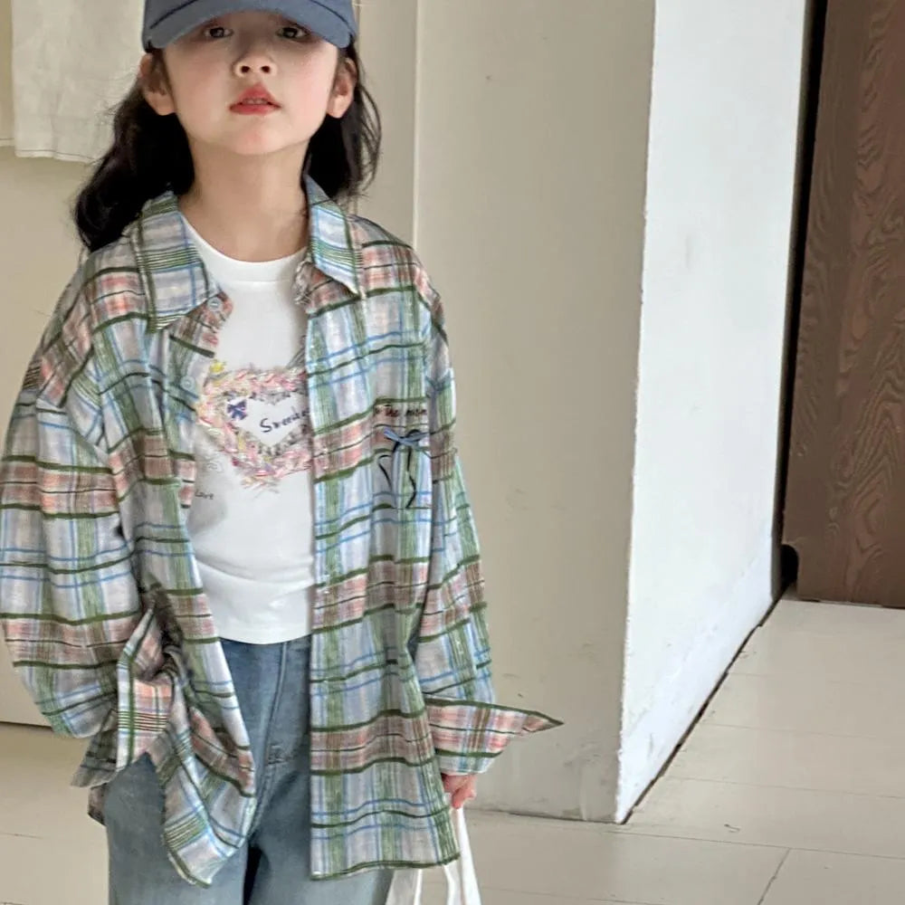 Little Red Fish blue plaid cotton long sleeve shirt for girls 110cm-160cm spring autumn casual