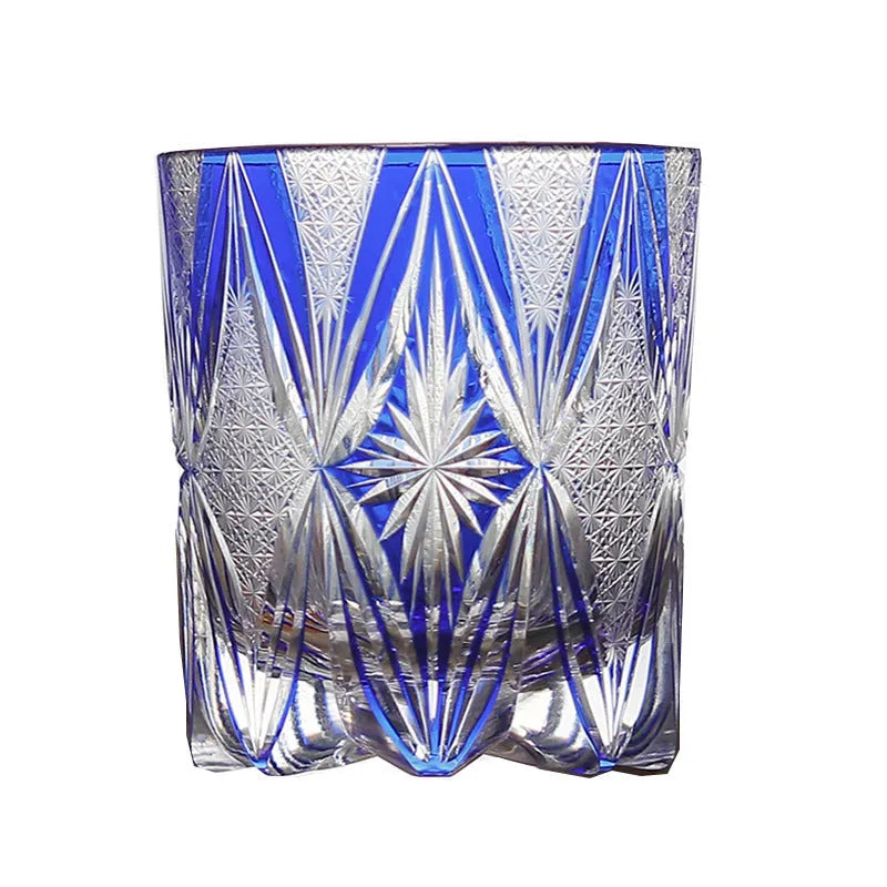 Blue hand carved crystal wine glass with 260ml capacity, retro Japanese style, on a table