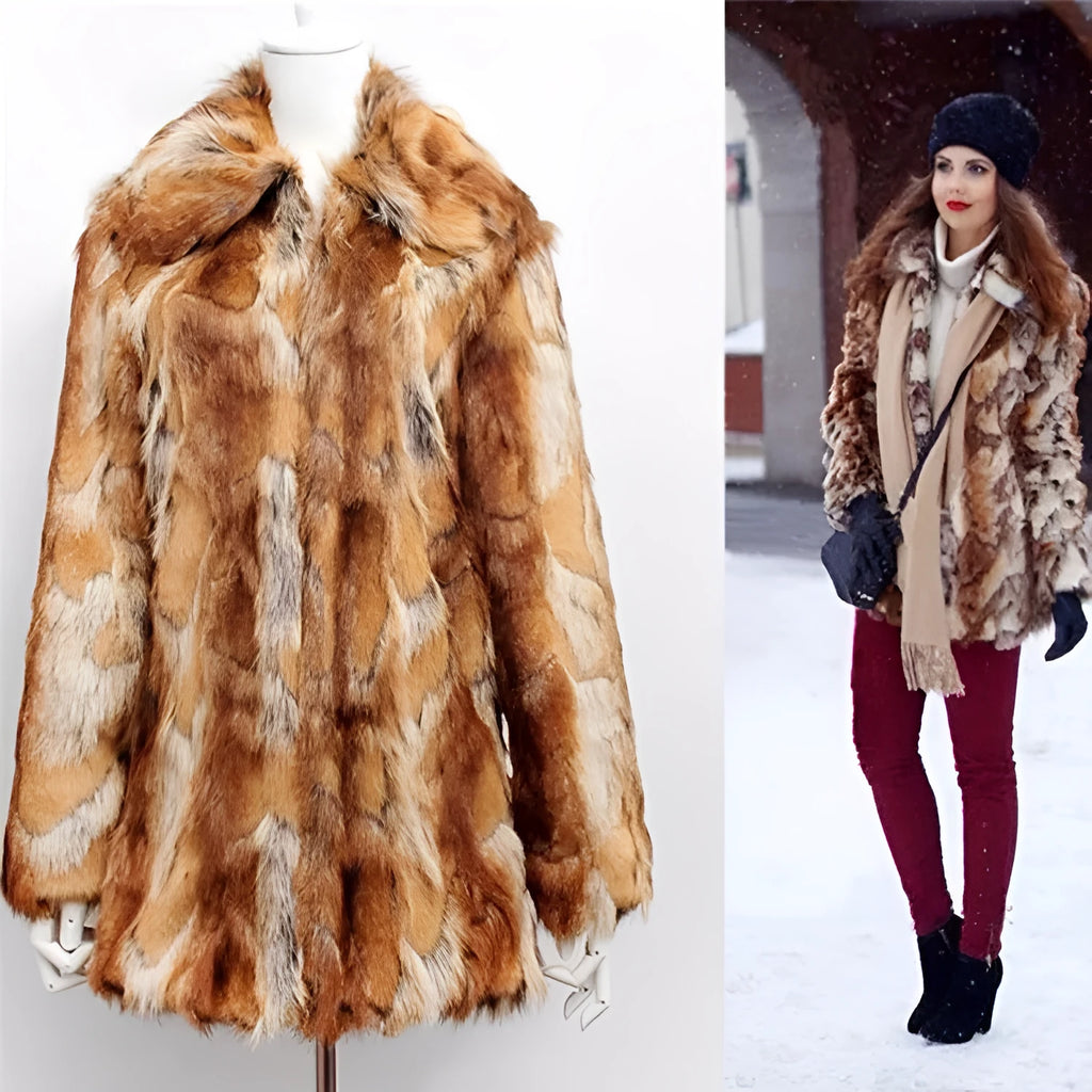 Women's slim fit faux fur leather jacket with tiger pattern in medium length.