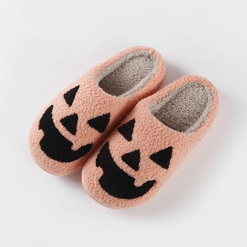 Halloween pumpkin cartoon thermal winter cotton slippers with suede upper, non-slip TPR sole, available in black and watermelon red