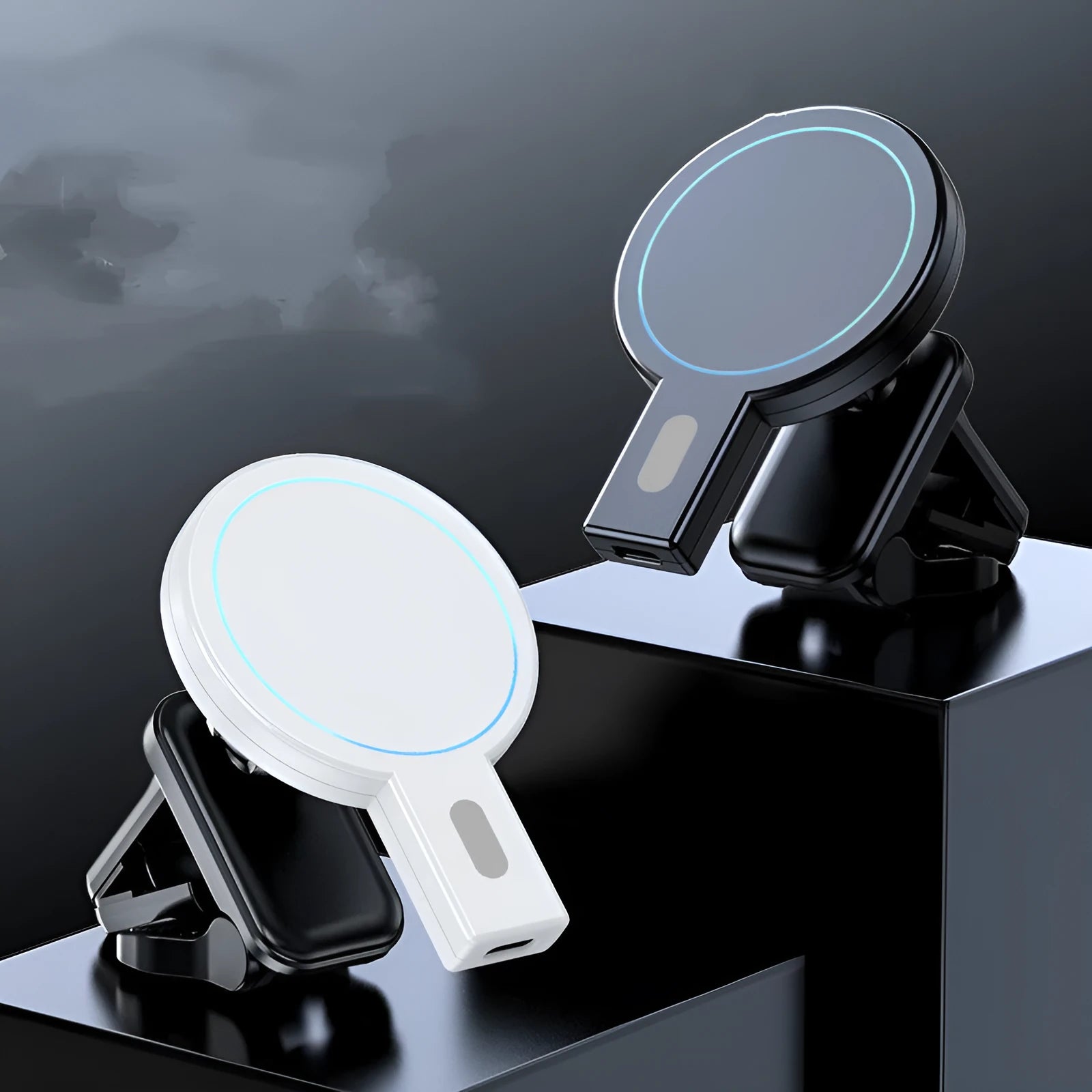 Black and white magnetic wireless charger for mobile phones with compact size.