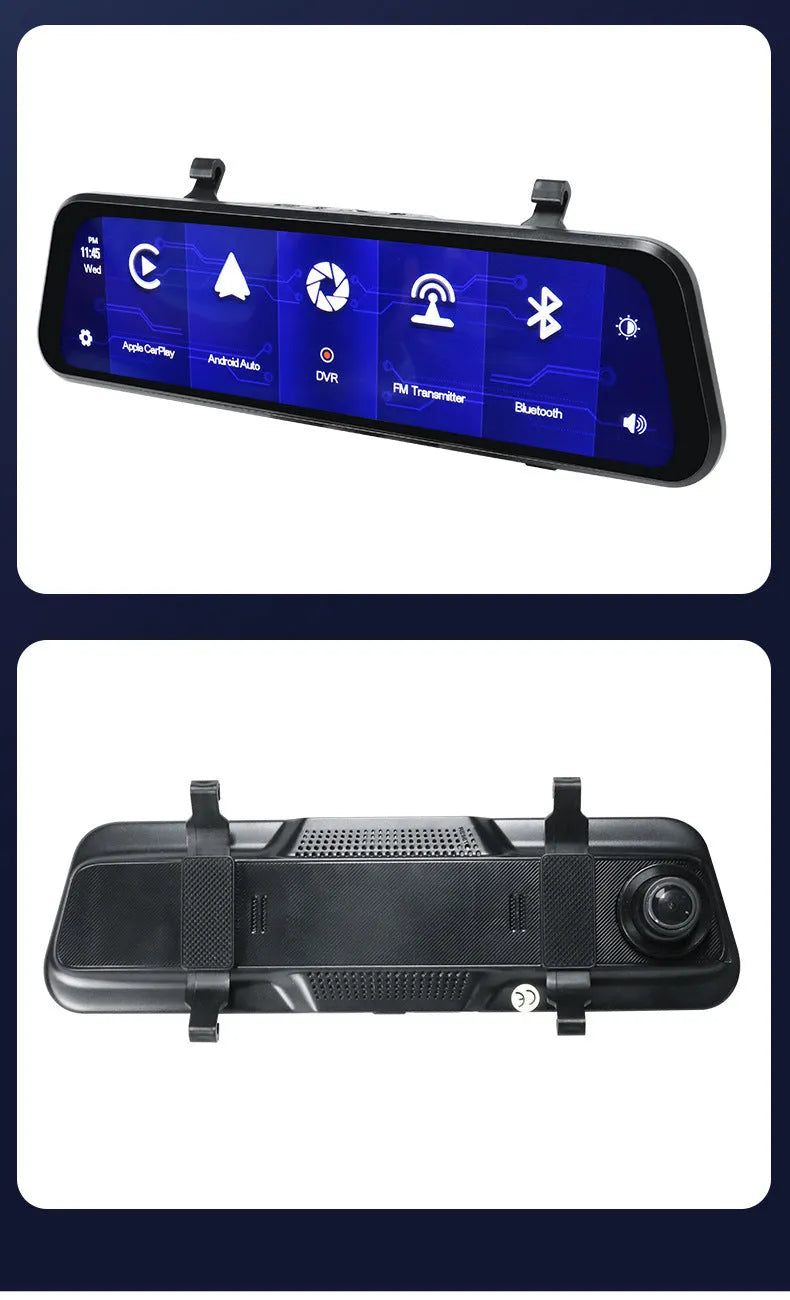 Black universal 9-inch car GPS navigation system with large touch screen and dual camera.