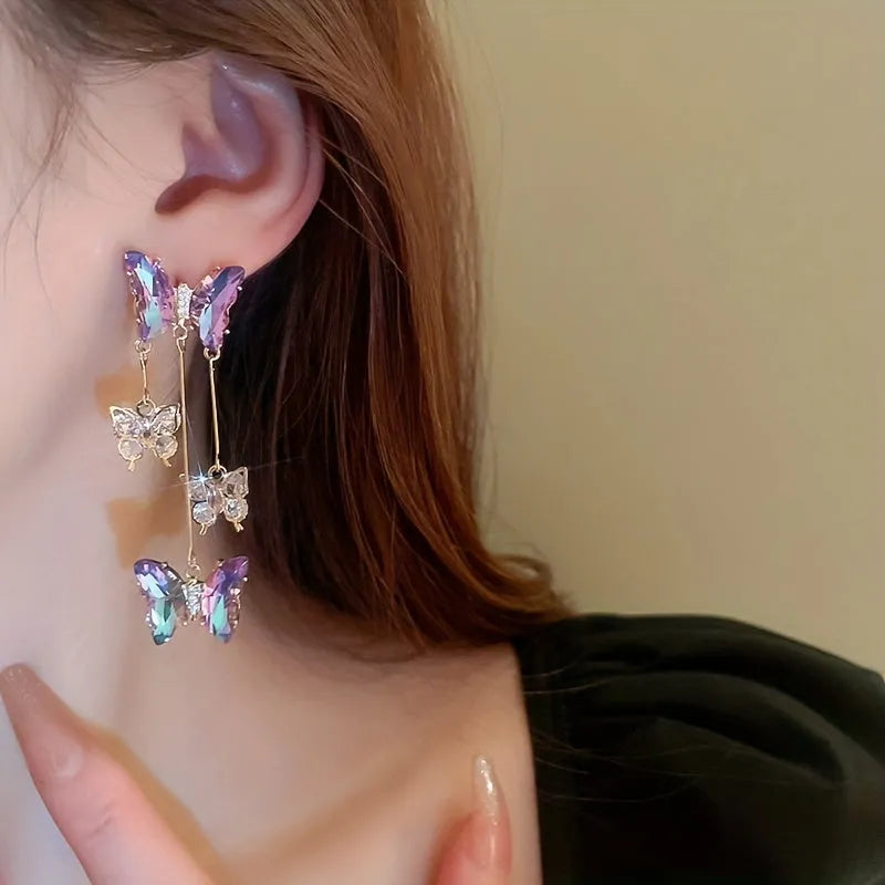 Silver Needle blue purple butterfly tassel earrings with crystal flowers on a 4.5cm alloy drop.