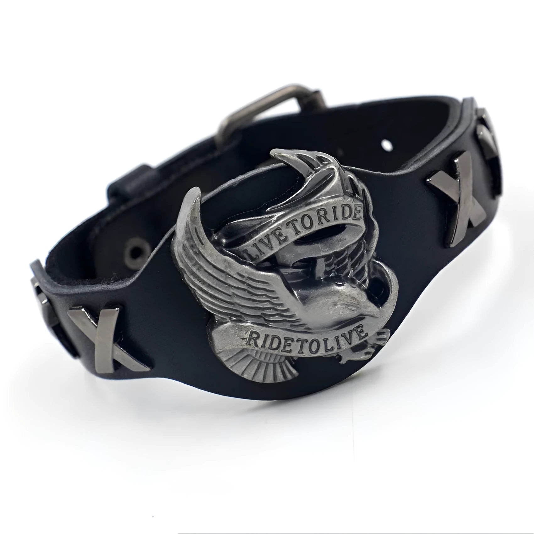 Black leather bracelet with a geometric alloy eagle decoration, showing the band's width variation.