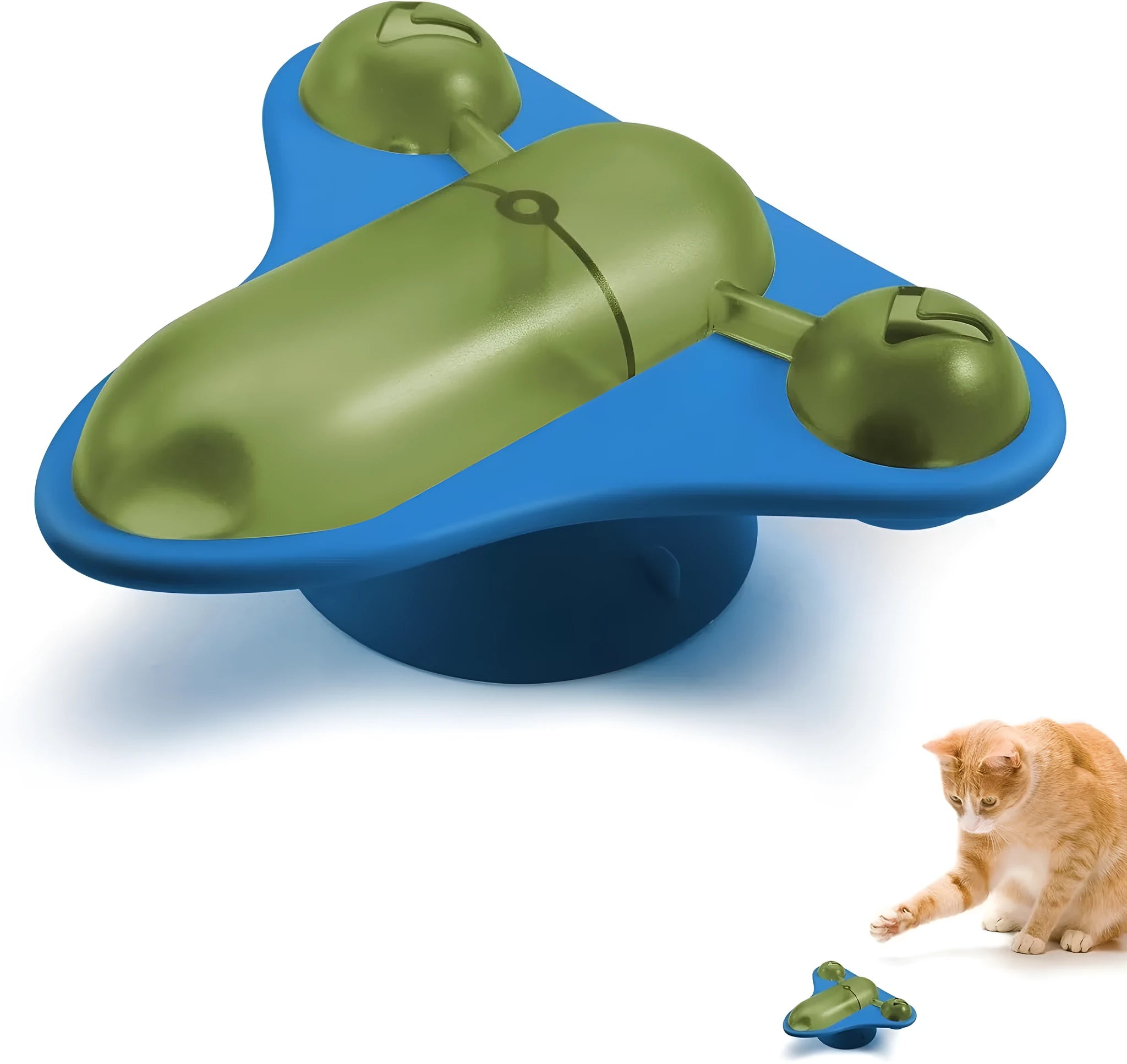 Blue interactive pet puzzle toy with spinner, bell, catnip and snack cabin on a smooth floor.